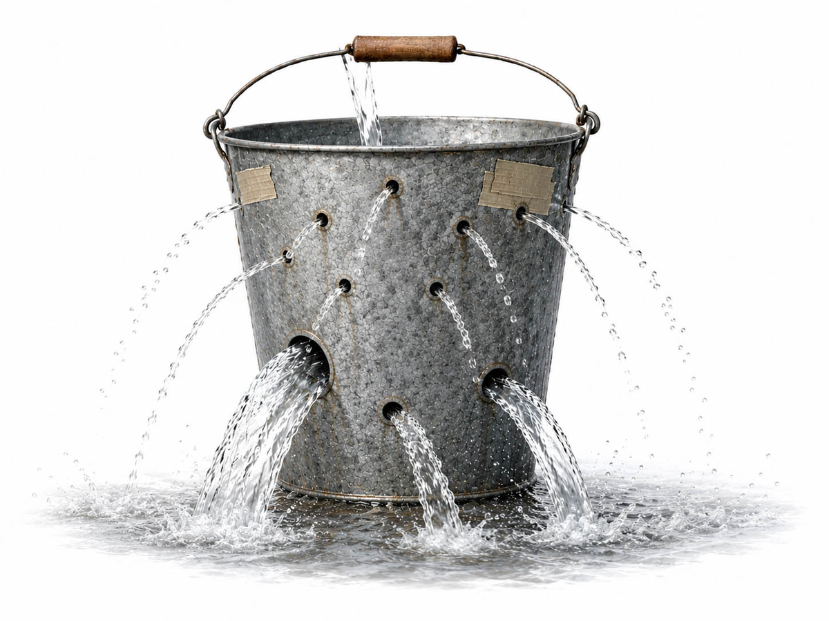 A metal bucket leaking water from multiple holes